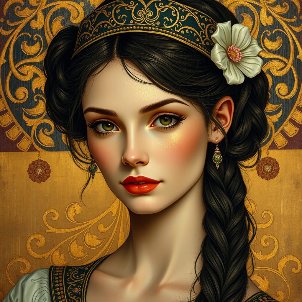 Golden European Beauty in Art Nouveau Style