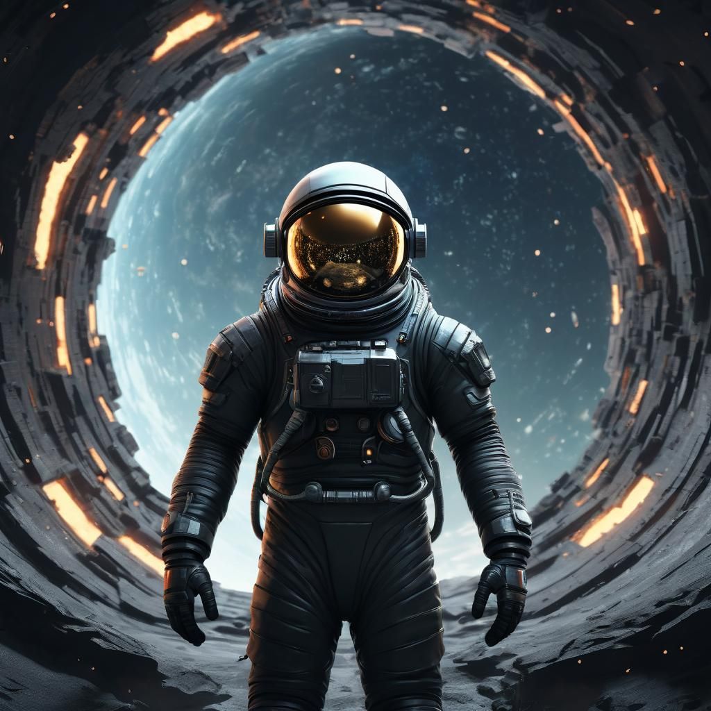 Astronaut and Wormhole in Retrofuturistic Sci-Fi