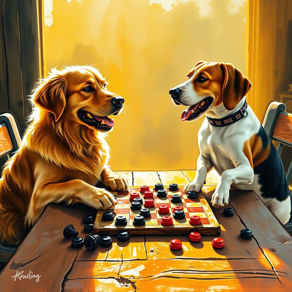 Canine Companions Engrossed in Checkers, in a Vibrant, Impas...