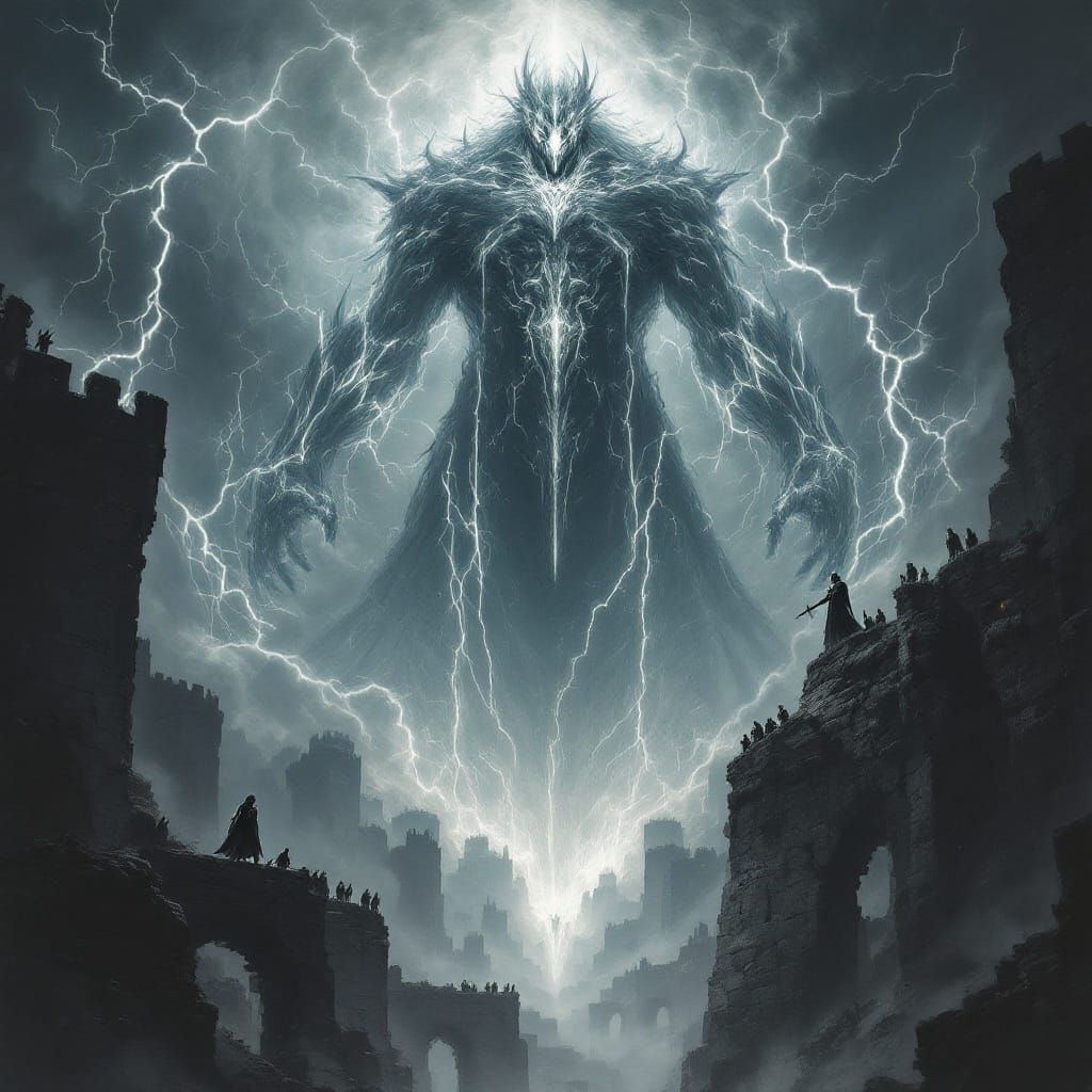 Spectral Titan, forged of swirling mist and ghostly light, descend upon the fastness of Stormhold.