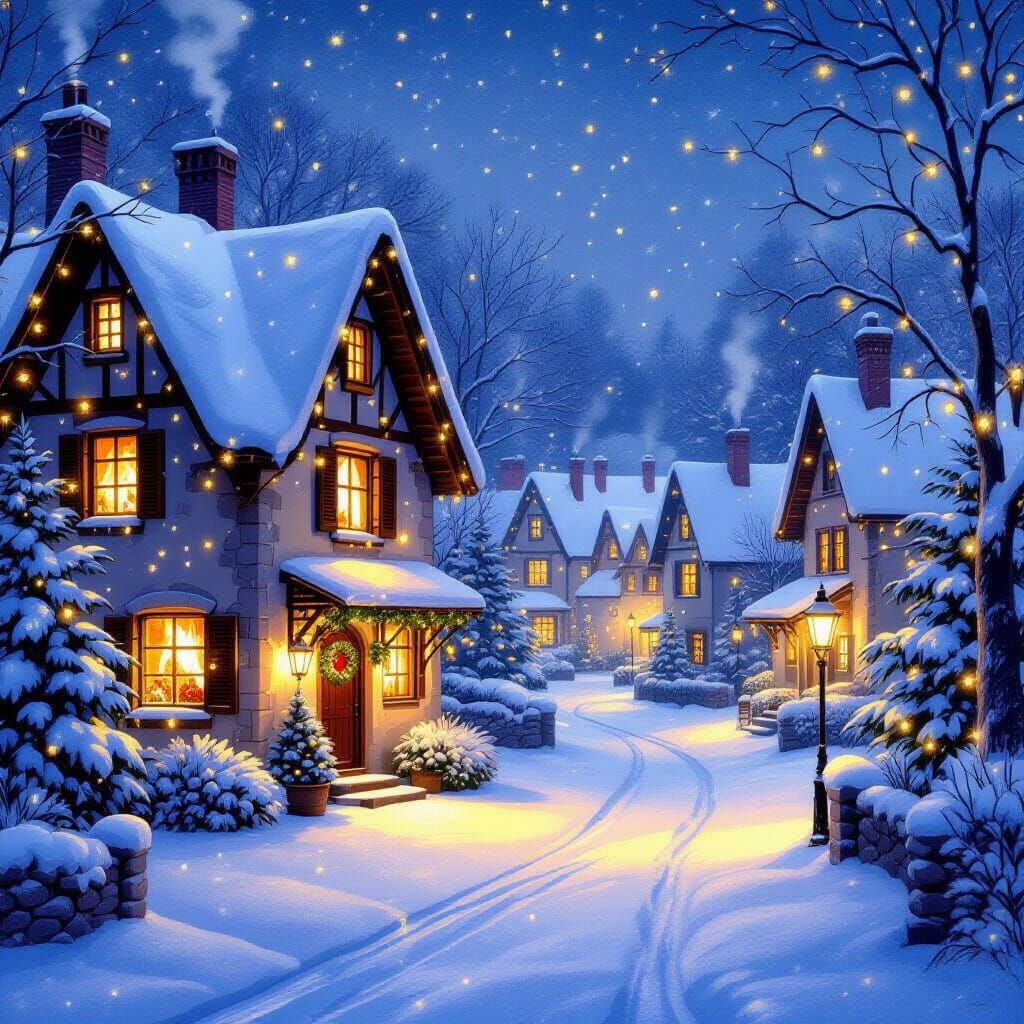 Magical Snowy Village at Christmas with Twinkling Lights