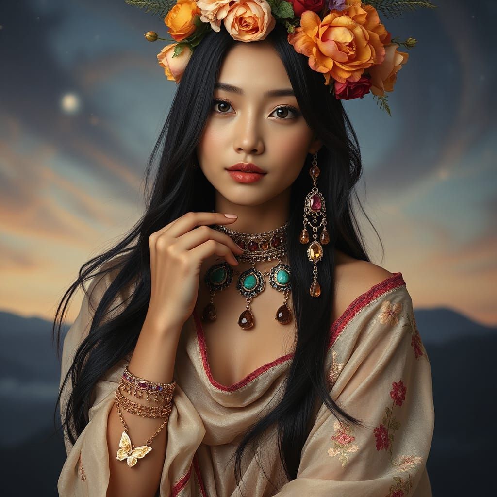 Sichuanese Woman Portrait with Autumnal Flowers