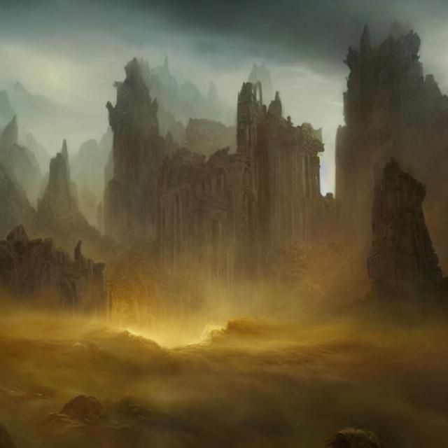 Ethereal Landscape Painting of Forgotten Ancient Ruins