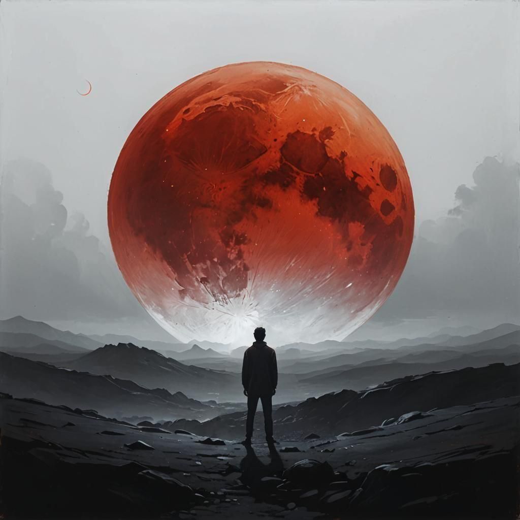Crimson Moon Over Dark Landscape: A Contemplative Scene
