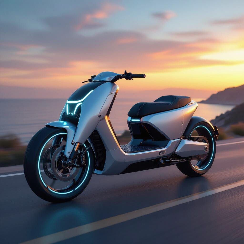Futuristic Self-Recharging Electric Bicycle on Coastal Road