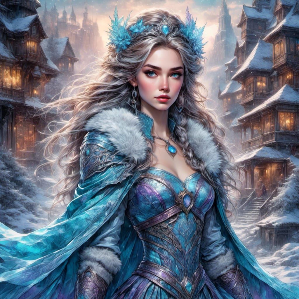 Fantasy Woman in Snowy Christmas, Watercolor Art