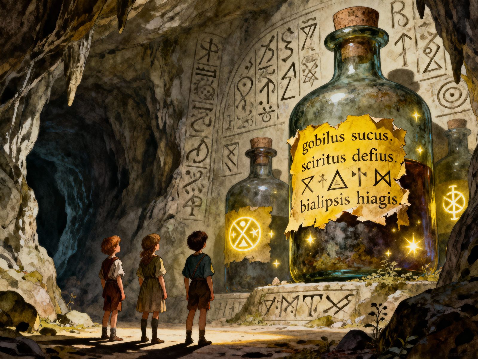 Children Discover Giant Vials in Magical Rune Cave