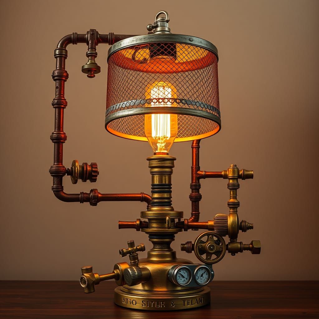 Steampunk Lamp with Gears and Edison Bulb