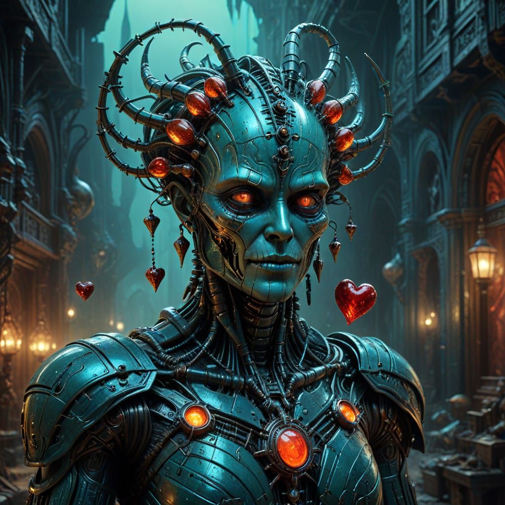 Vibrant Robot Jester Juggles Glowing Hearts in Whimsical Dre...