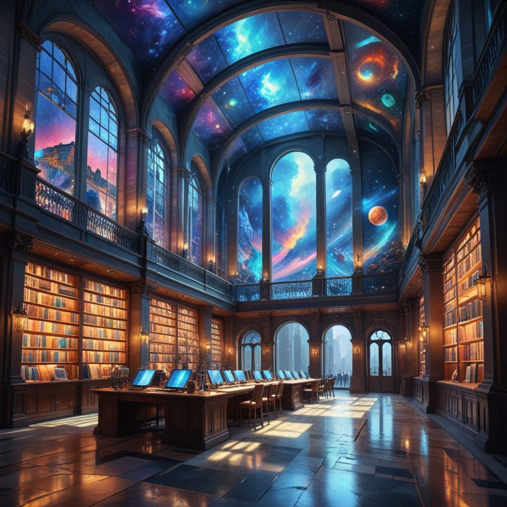 Futuristic Library with Holographic Books, Gouache Style