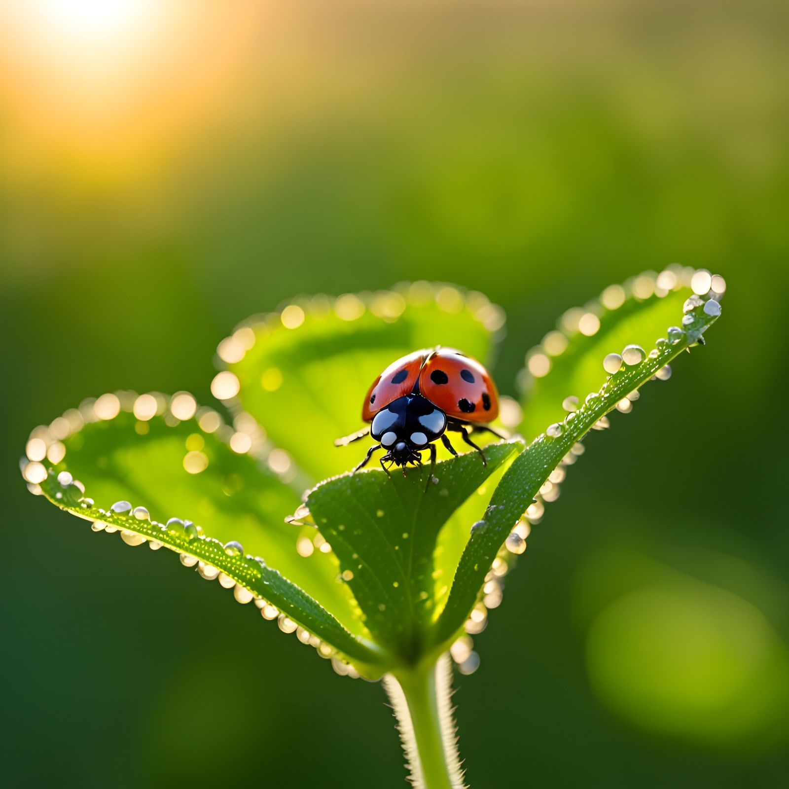 Ladybug on Dewy Clover at Sunrise