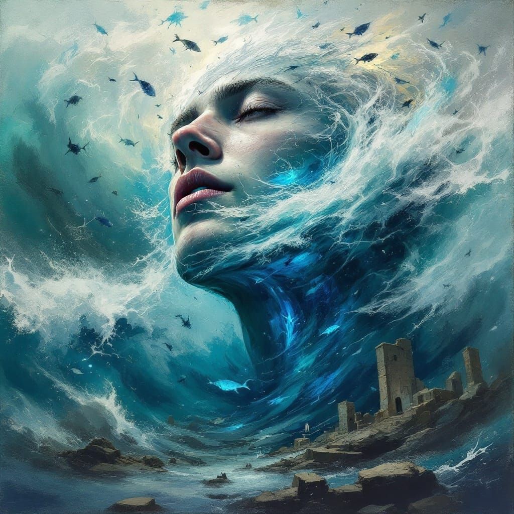 Man's Turbulent Inner Ocean in Surreal Abstraction