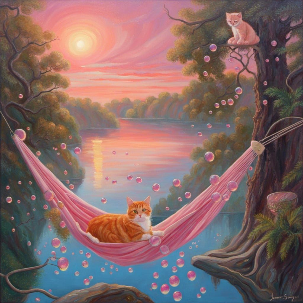 Dreamlike Pink Bubbles Over Lake: Oil Painting