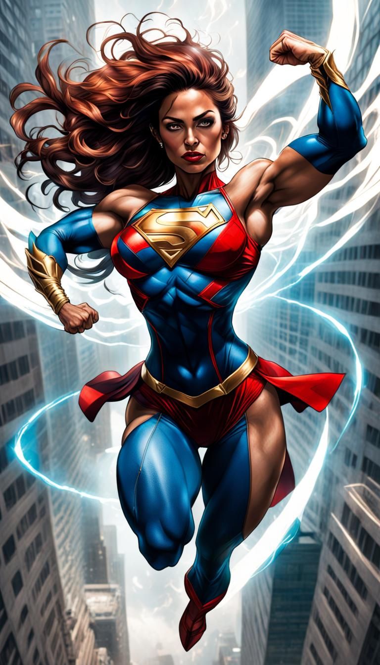 Muscular Superhero Woman Radiates Confidence in Flight