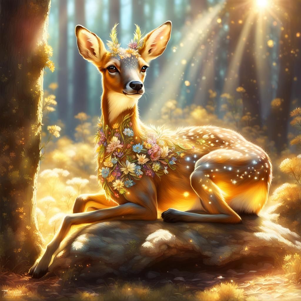 Magical Golden Fawn in Forest Clearing