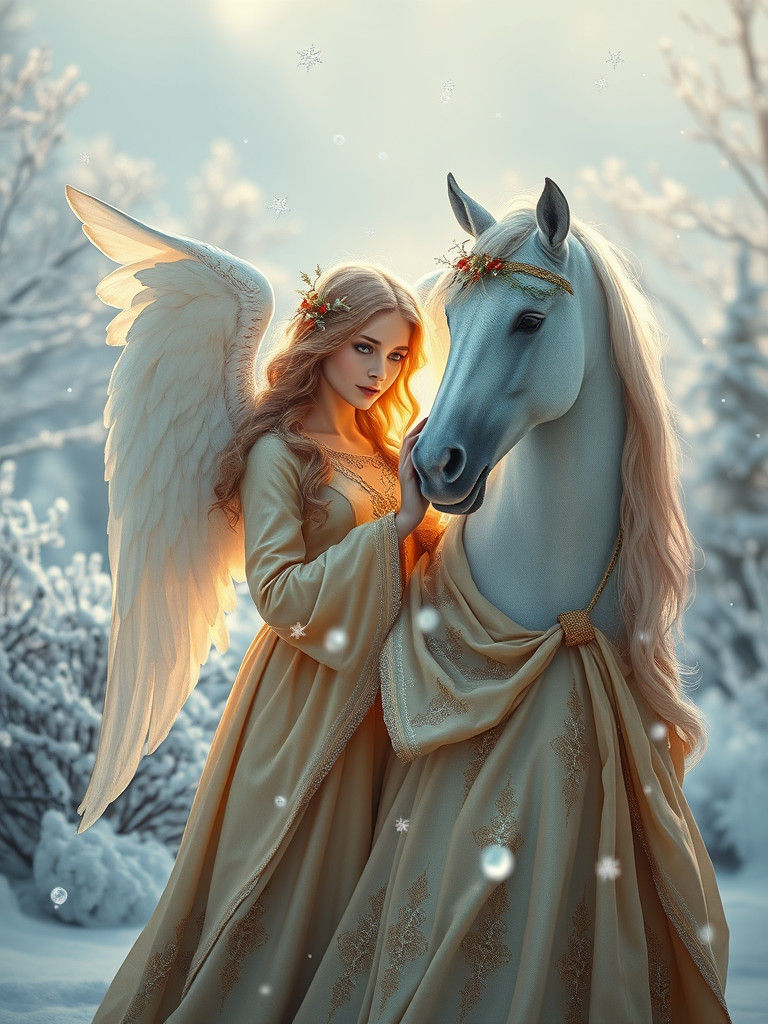 Winter Angel and Unicorn in Matte Painting Style
