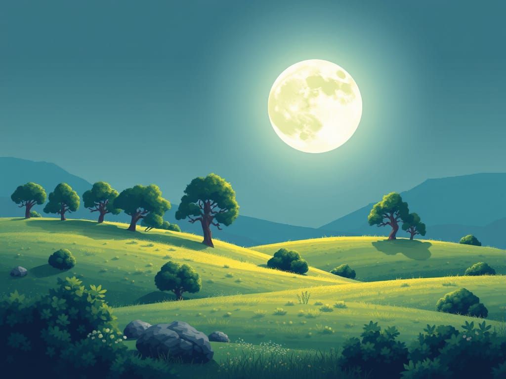 Pixel Art Landscape with Gentle Field and Bright Full Moon