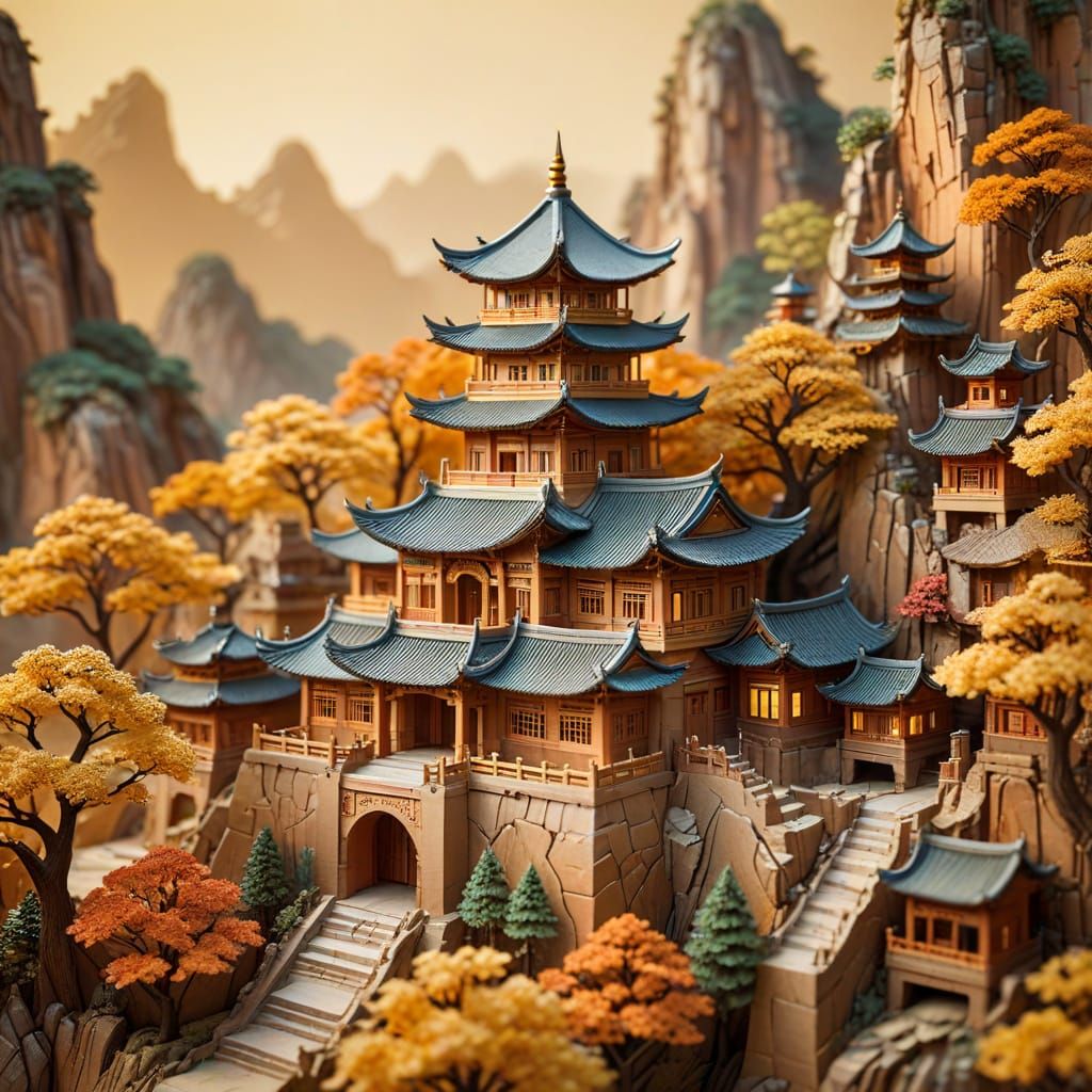 Intricate Paper Sculpture of a Chinese Village
