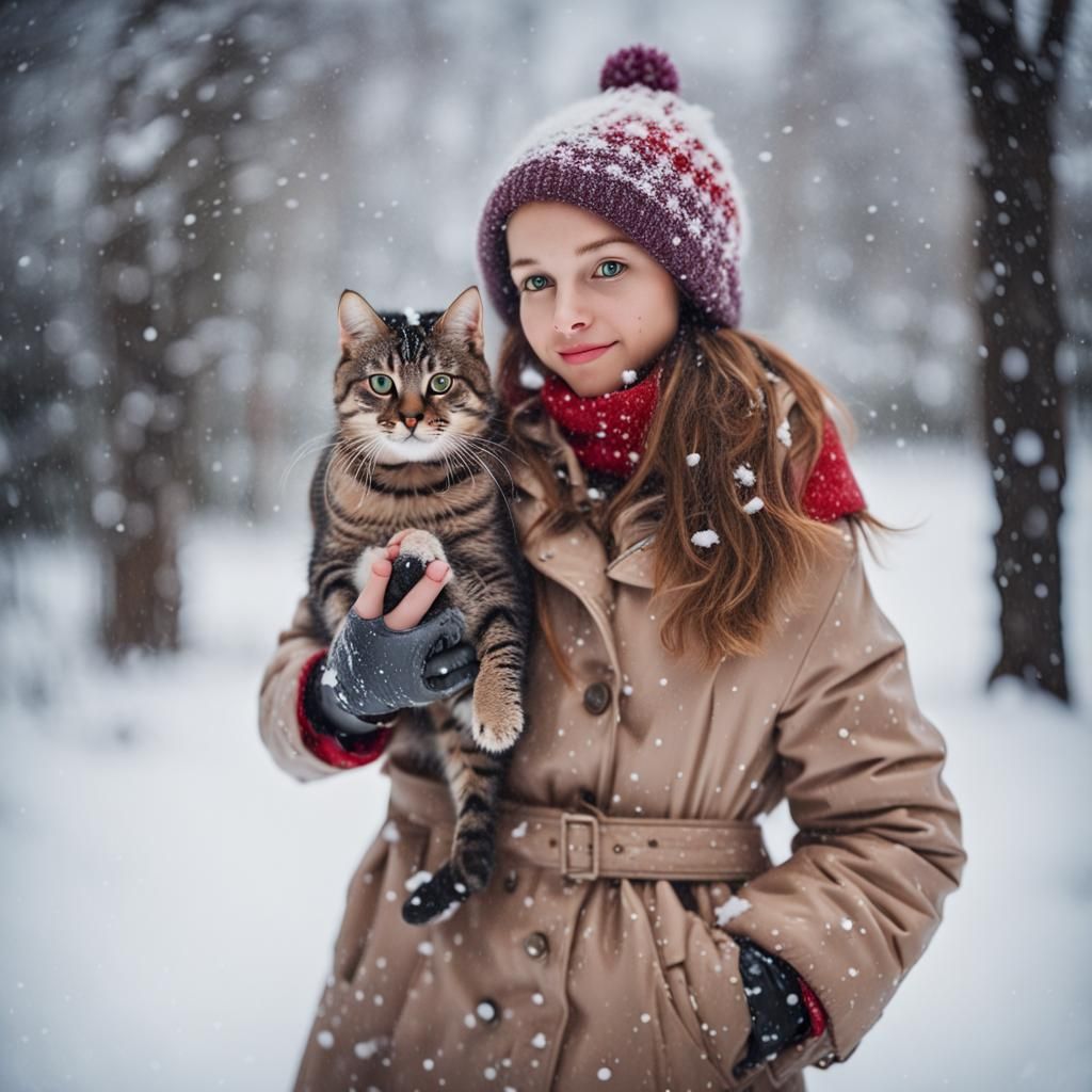 Girls Walking with Cat in Winter Snow