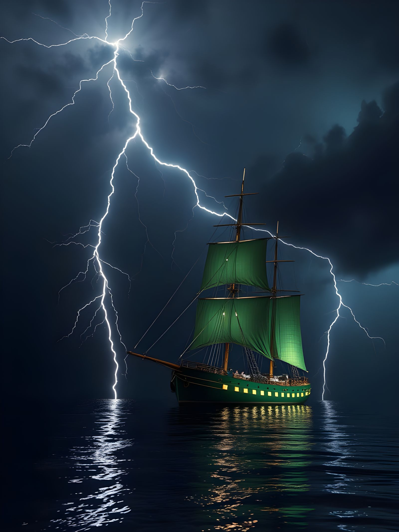 Sailing Schooner Under a Turbulent Starry Night