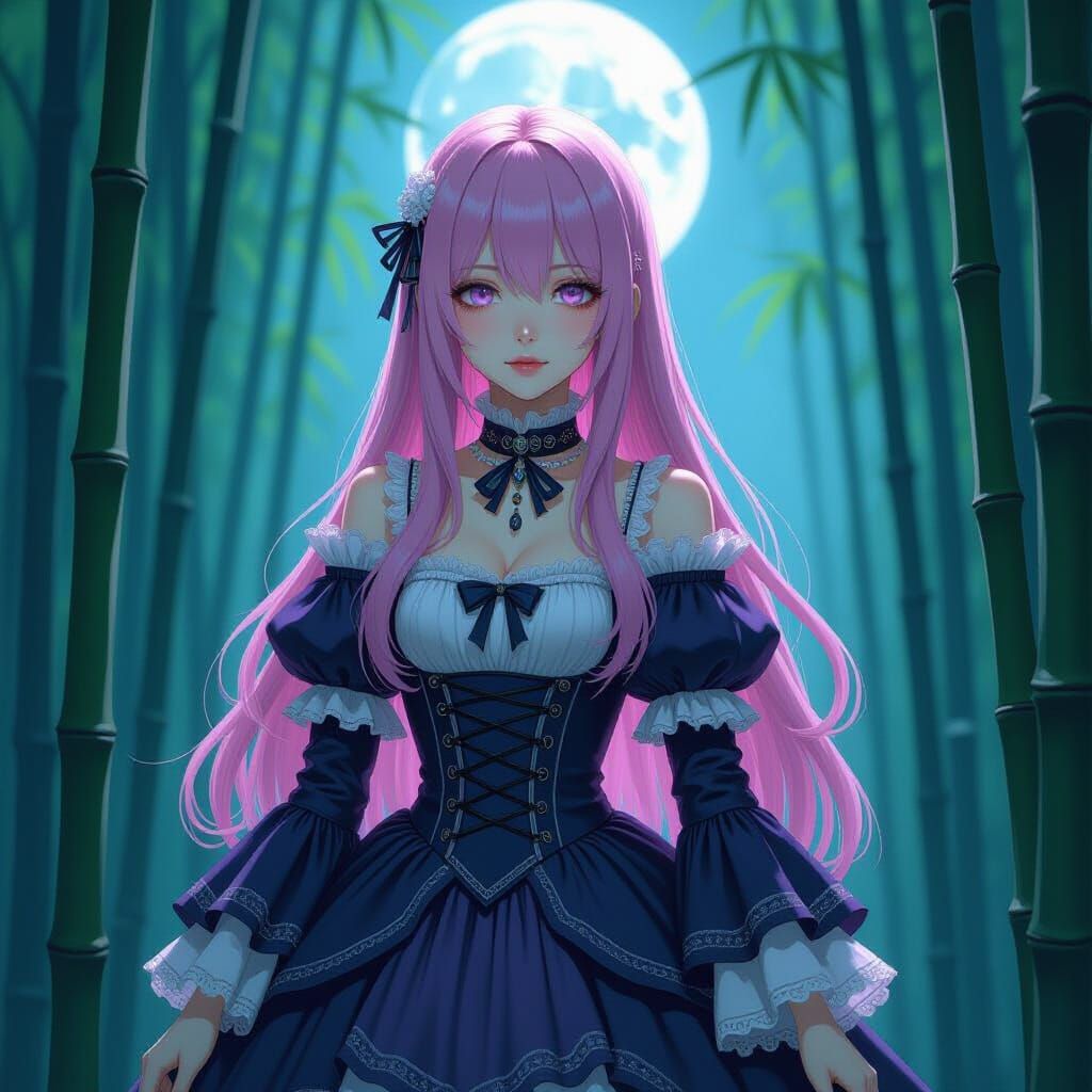 Gothic Woman in Moonlit Bamboo Forest