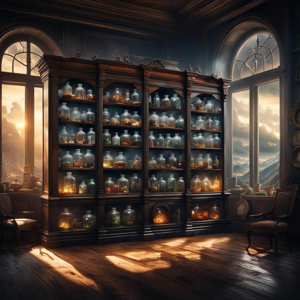 Natural Disasters: Jars on an Antique Bookcase
