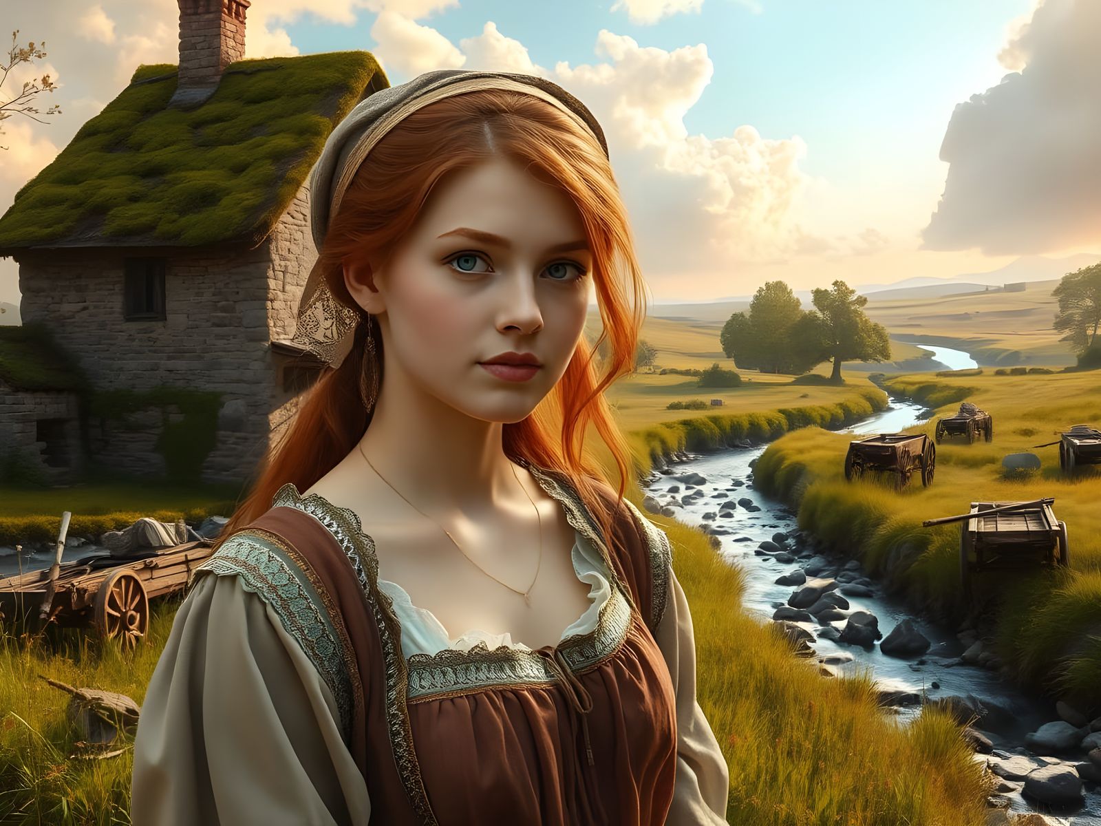 Medieval Countryside with a Red-Haired Peasant Woman"