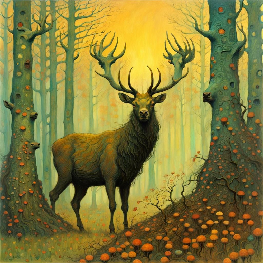Surreal Stag Portrait in Dark Woodland