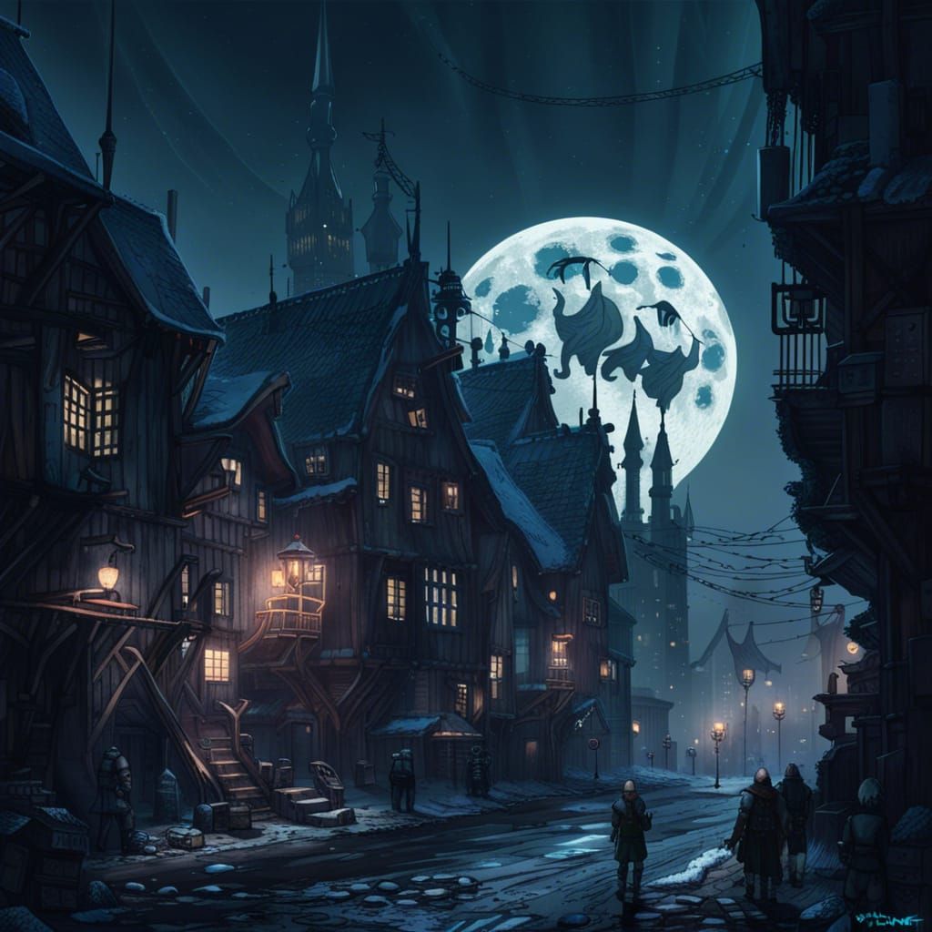 Cyberpunk Viking City Under a Full Moon