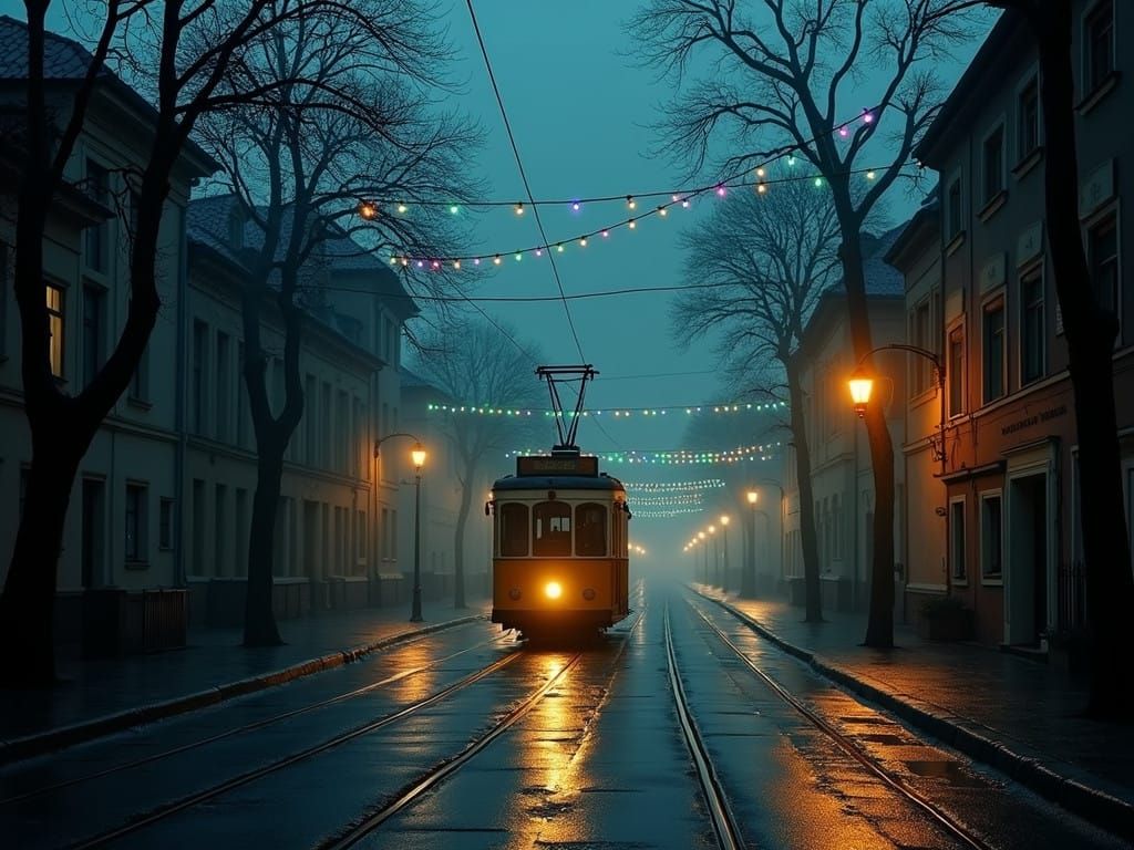 Vintage Tram Illuminates Rainy Night Scene in Goth City