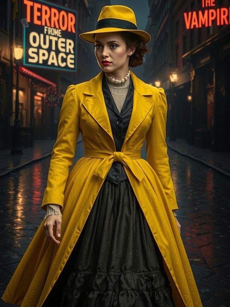 Elegant Woman in Rainy City Street, Noir Style