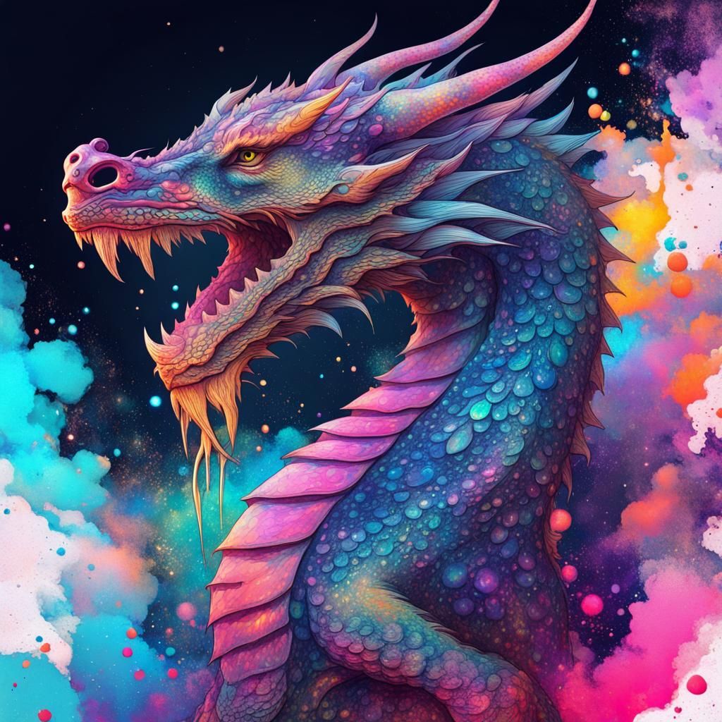 Holographic Ink Splat Dragon Illustration in Mixed Media