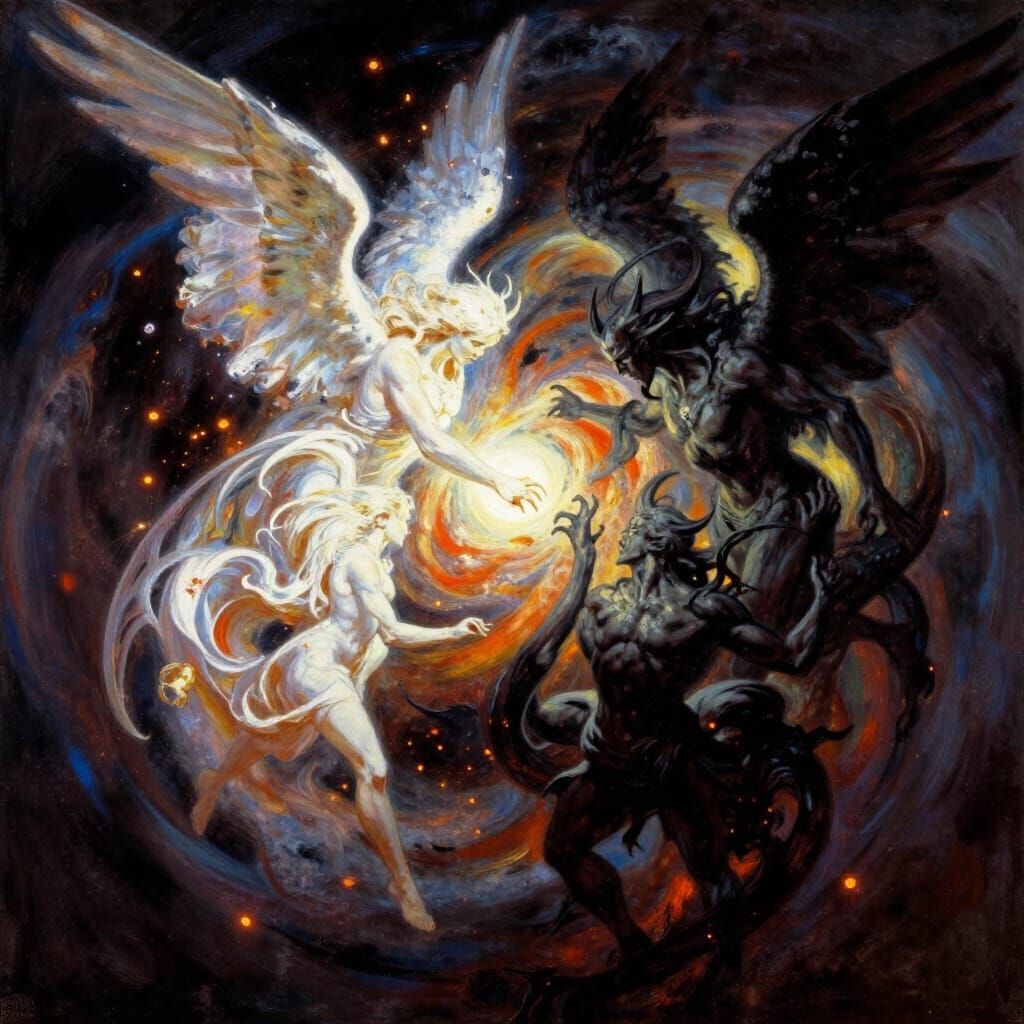 Cosmic Battle: Angelic & Demonic Forms in Mythic Spiral