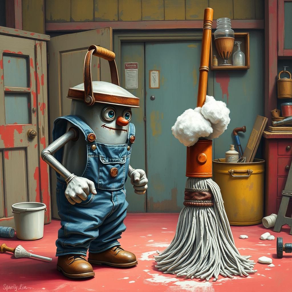 Bucket vs Mop Face-Off in Gouache Style