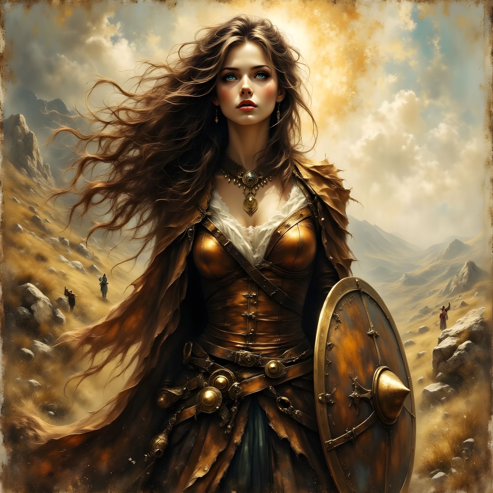 Norse Goddess Shielding Eyes in Vintage Style