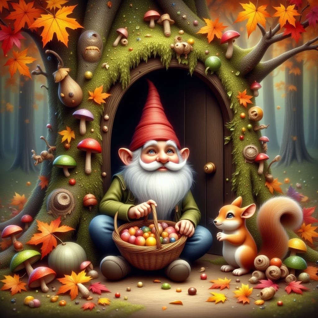 Whimsical Autumn Forest Gnome Holding Mushroom Basket