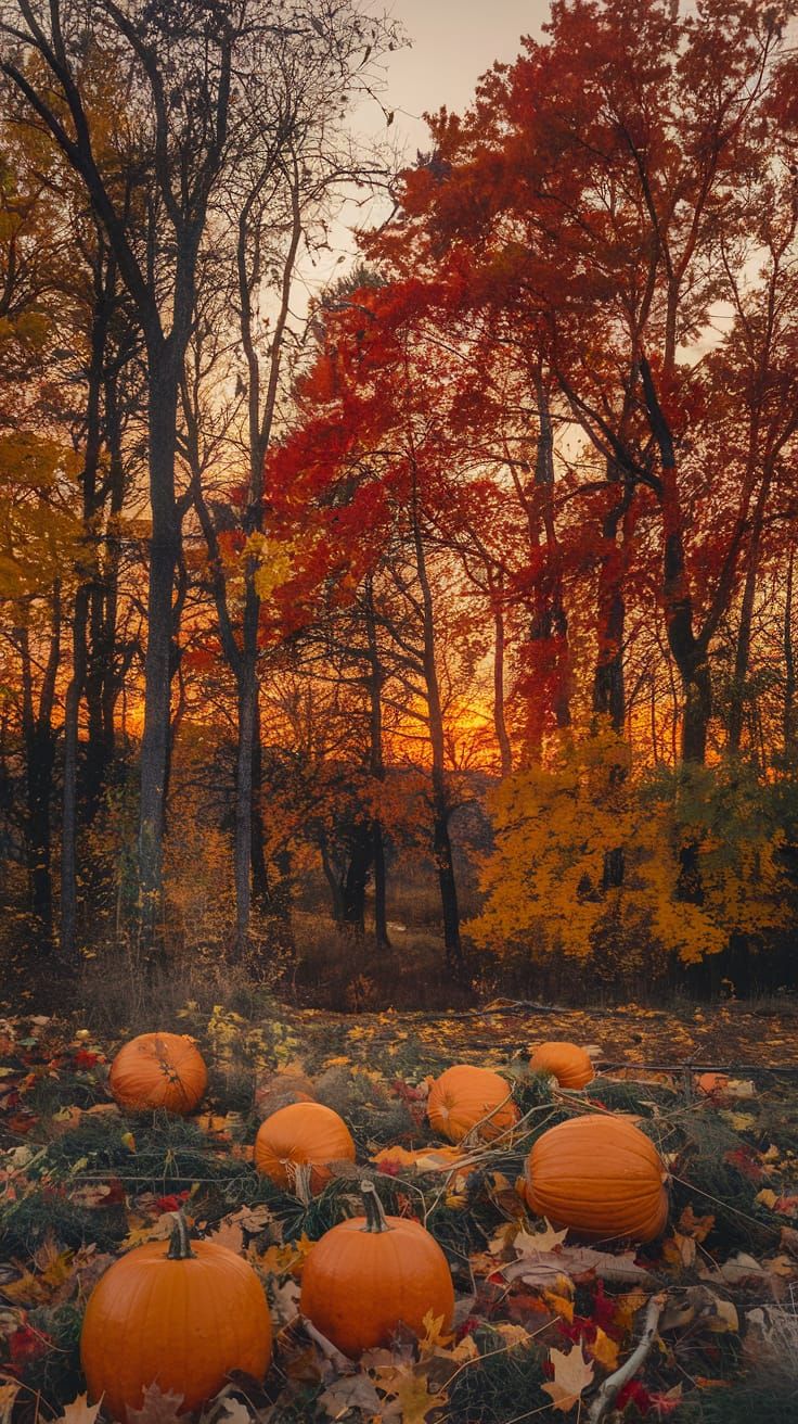Autumn Forest with Multicolor Leaves and Pumpkin Patch