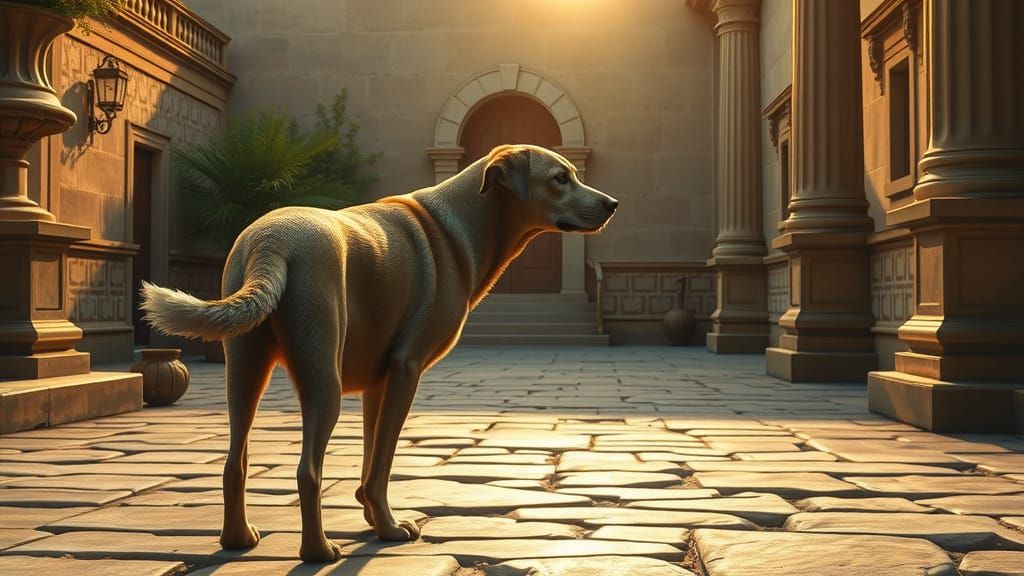 Loyal Dog Reunites with Odysseus in Warm Golden Light