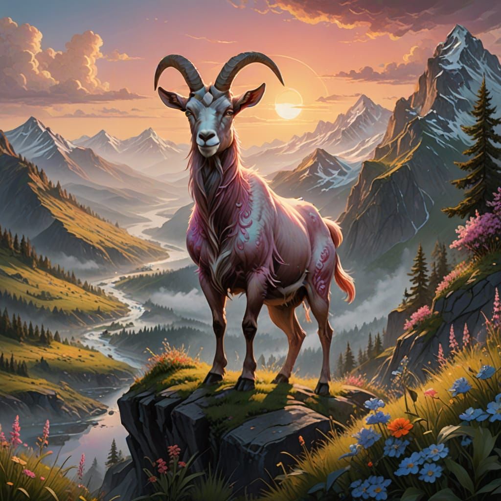 Majestic Pink Goat in Ethereal Fantasy Landscape