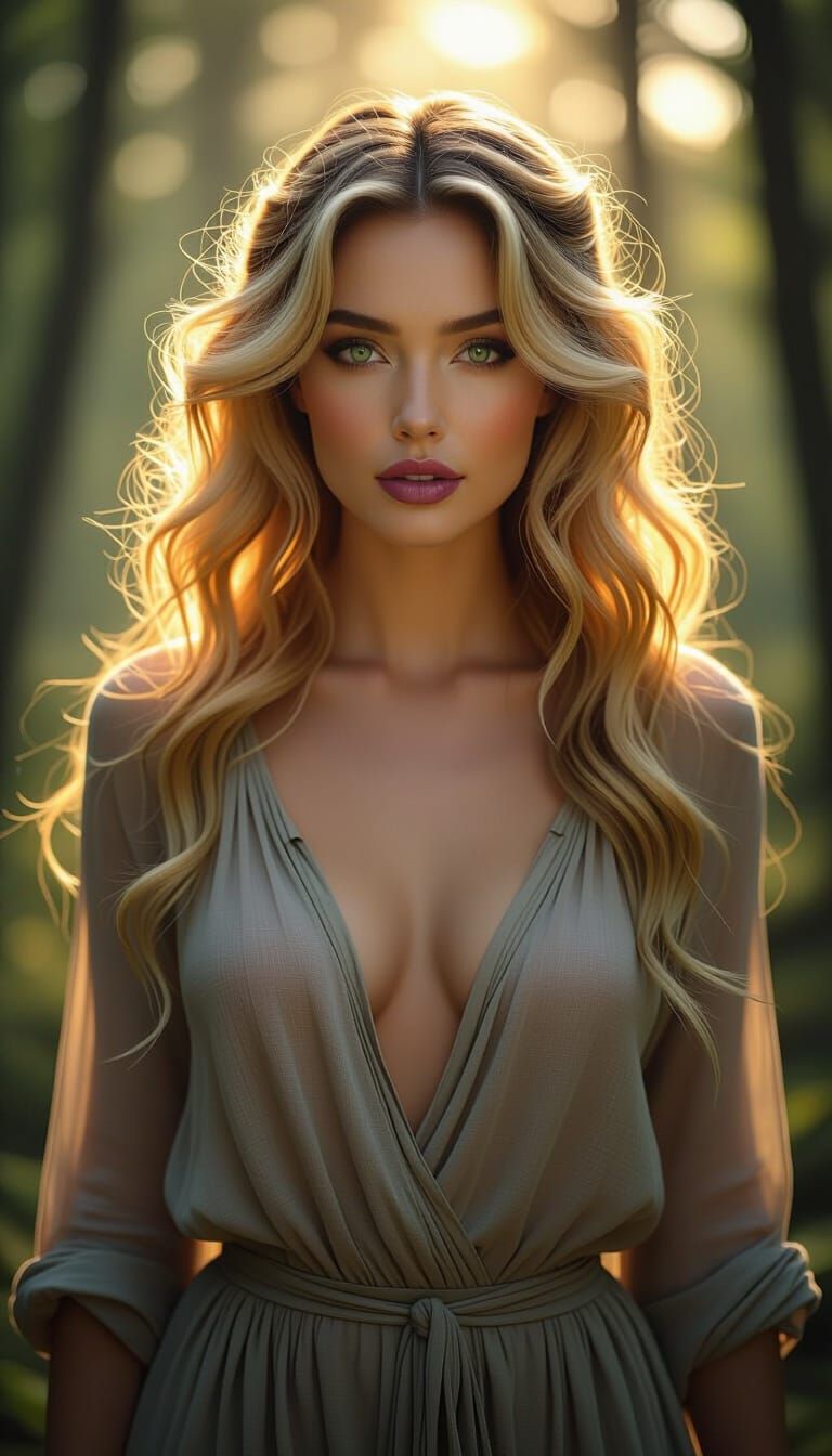 Woman in Dim Forest, Photorealistic Surrealism