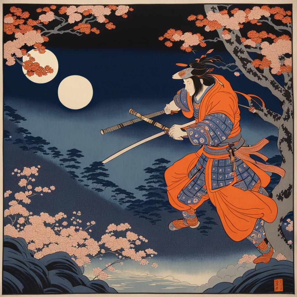 Mystical Warrior Battles Yokai: Ukiyo-e Woodblock Print
