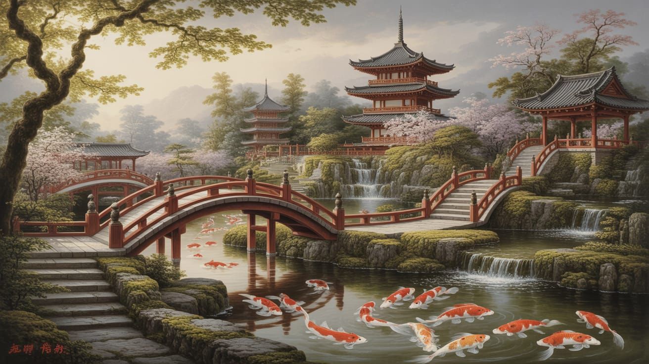 Serene Japanese Garden Landscape with Pagodas