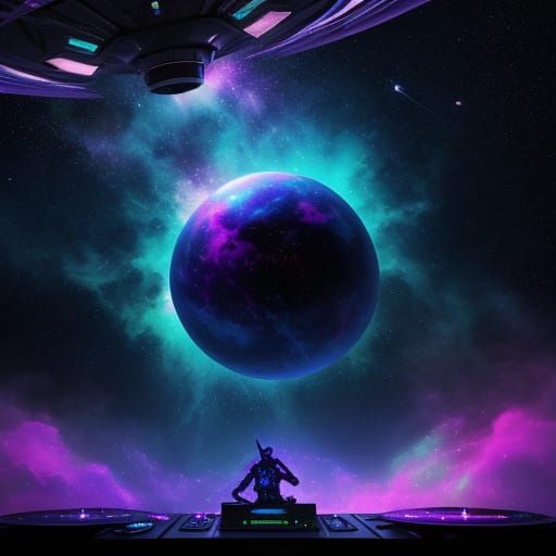 Alien DJ in Cosmic Nebula with Ethereal Music Notes