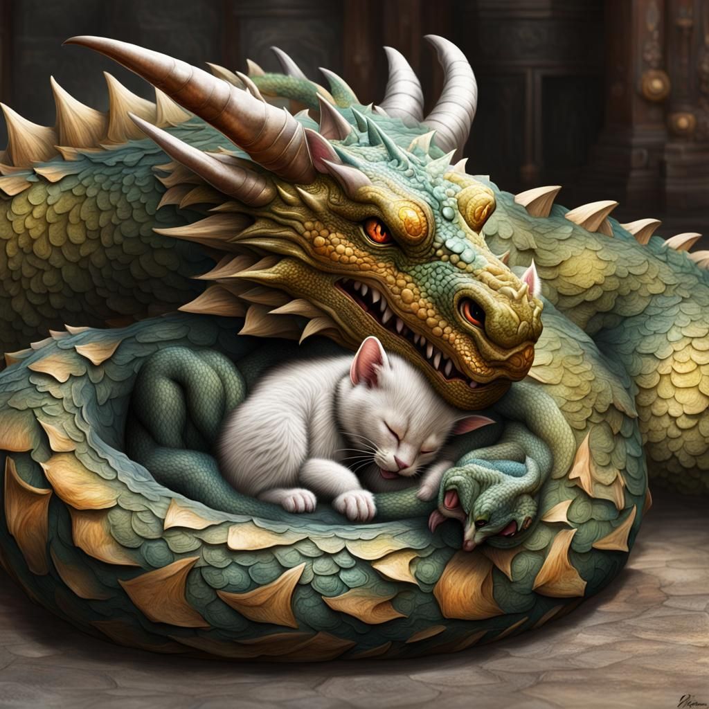 Hyperrealistic Dragon Sleeps with Kitten on Head