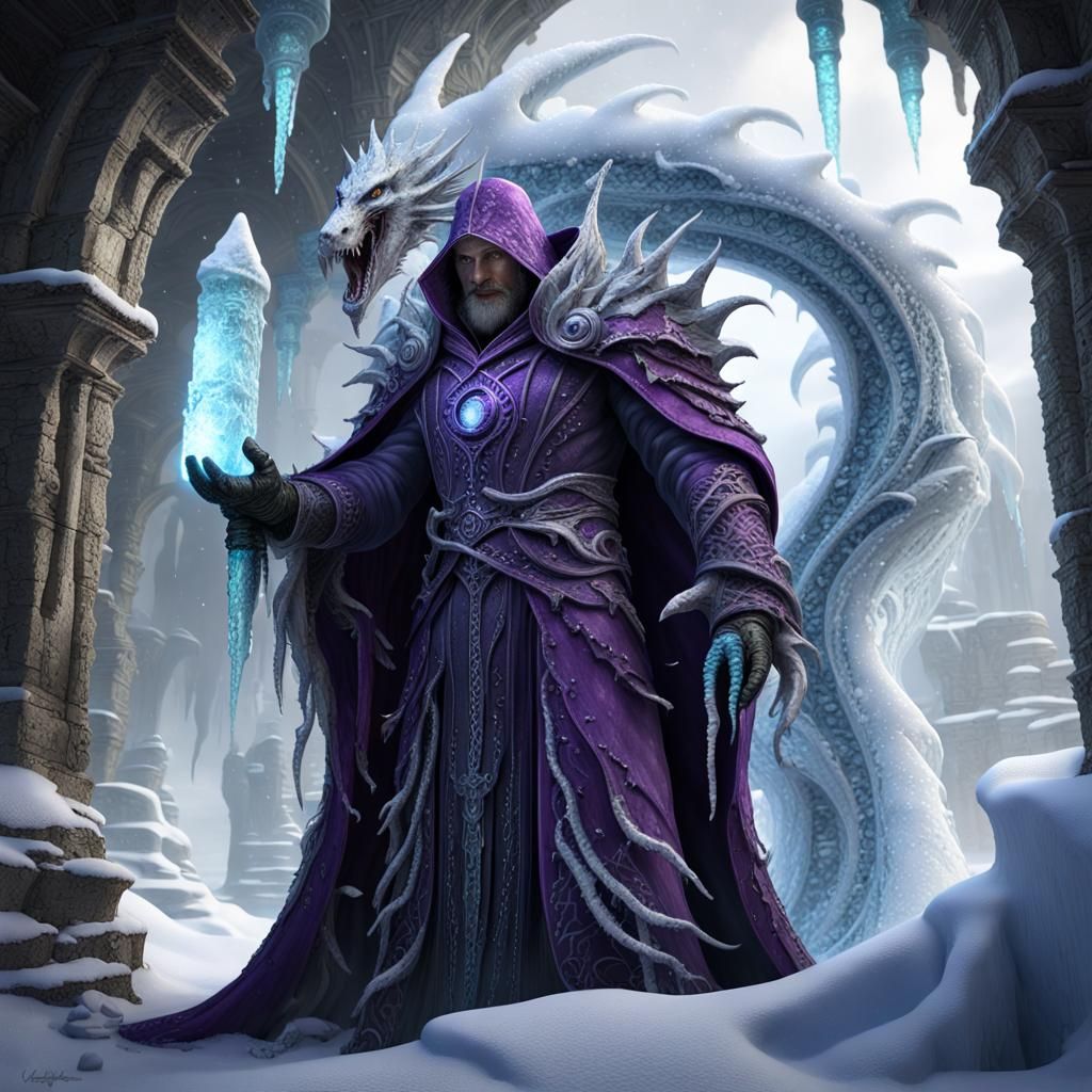 Icy Draconian Sorcerer Summons Tentacle in Fantasy Landscape