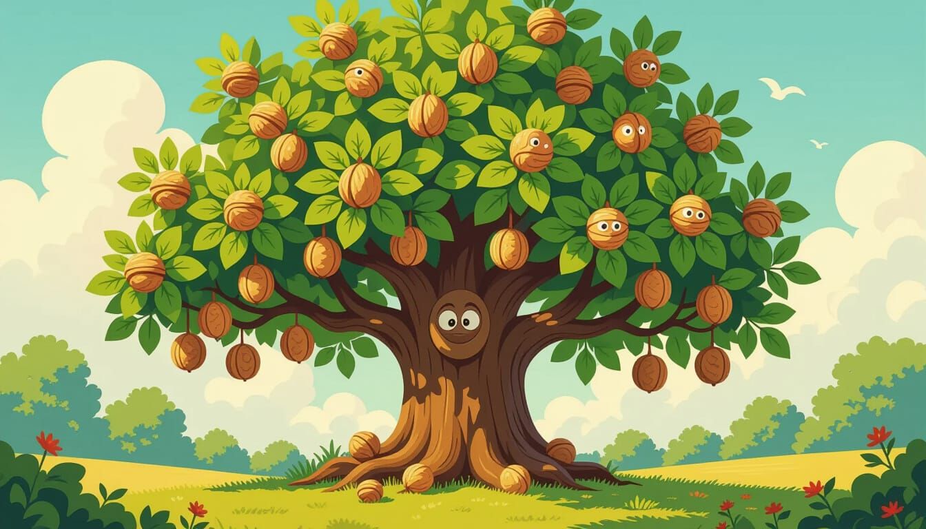 Whimsical Walnut Tree with Silly Expressions