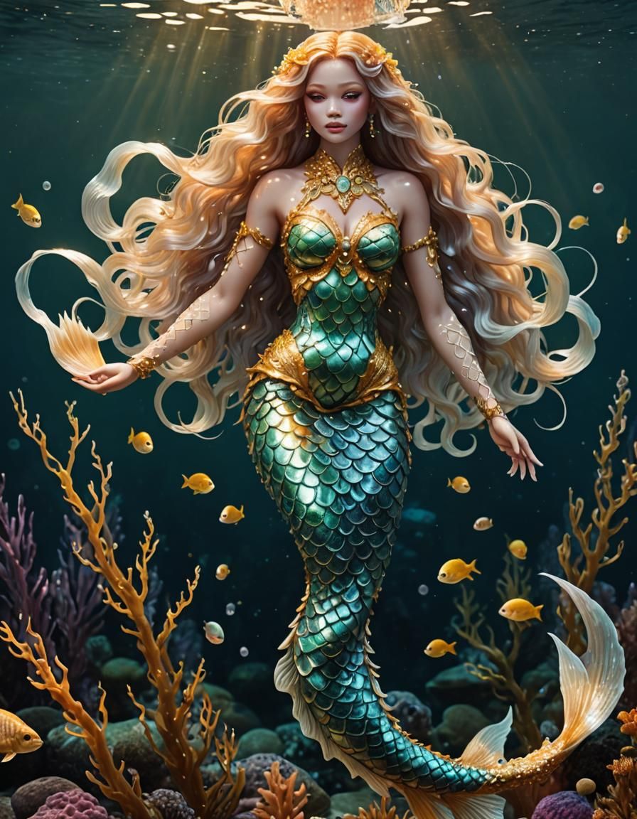 Albino Eel Mermaid in Crystalline Glassigami Style