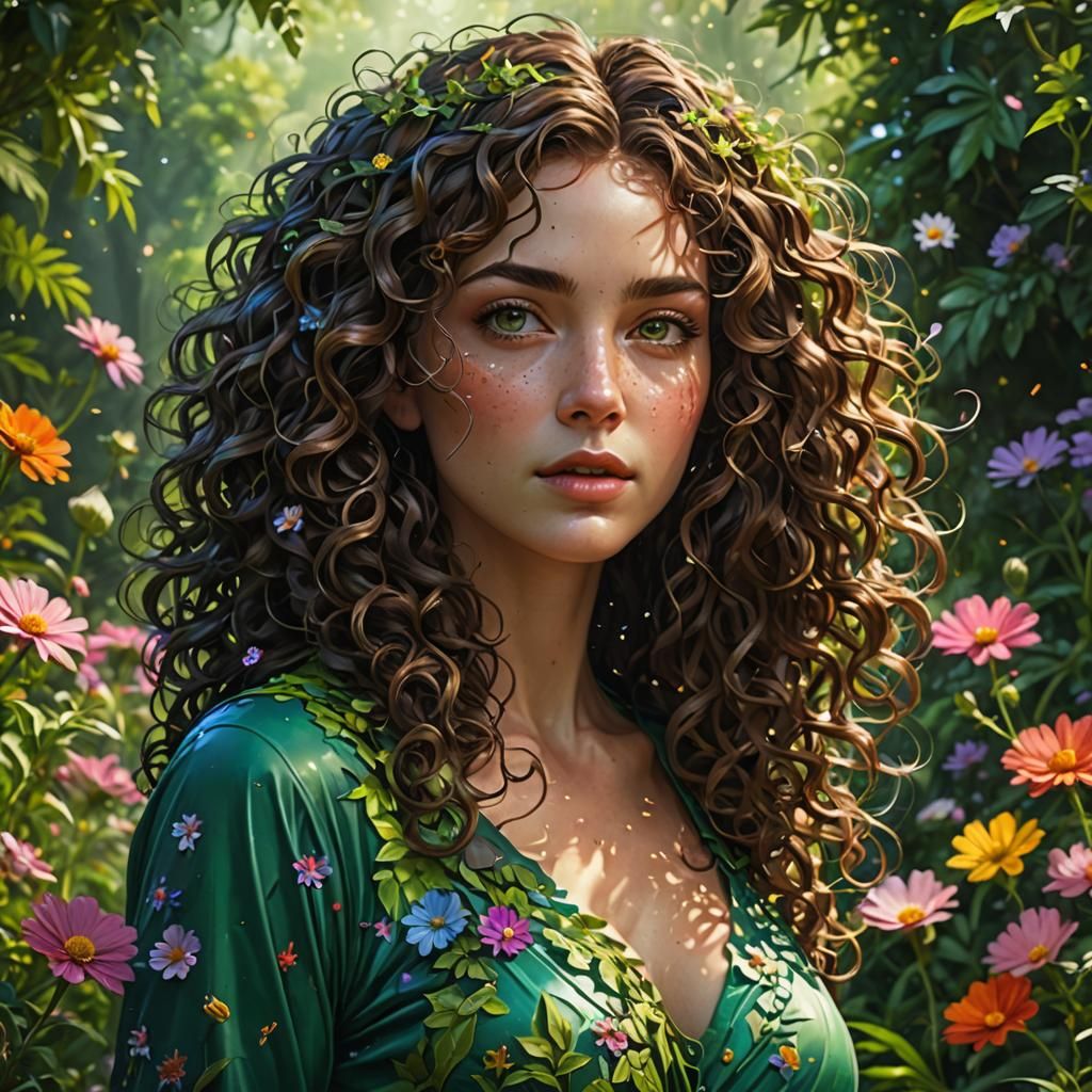 Sophia: Feminine Beauty in Lush Garden, Hyperrealistic Art