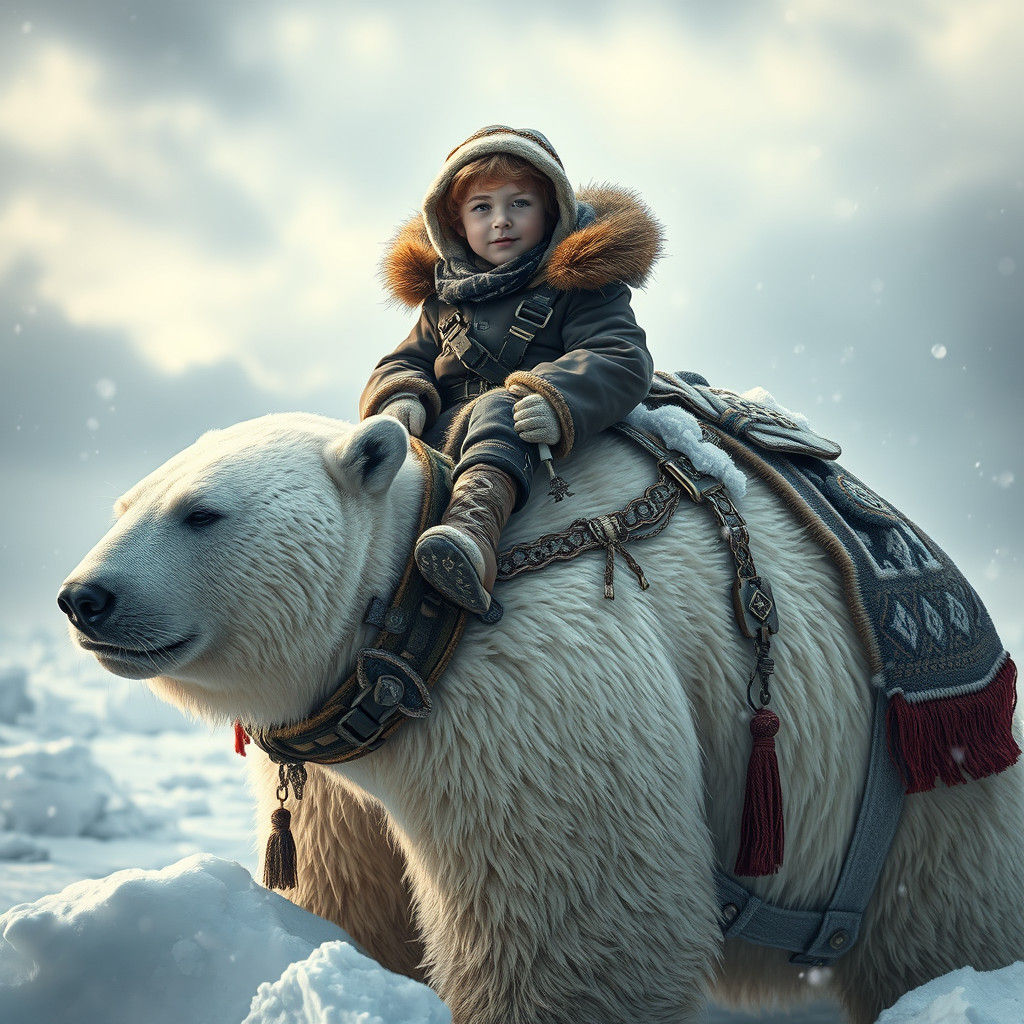 Boy Rides Polar Bear in Arctic Storm