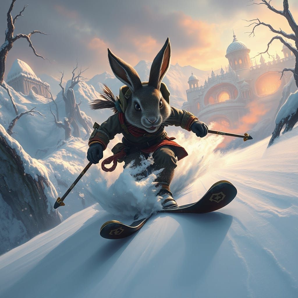 Mystical Rabbit Adventurer Speeds Down Snowy Mountain in Cyb...